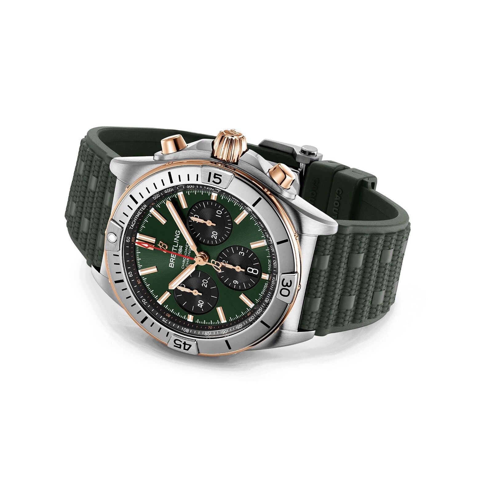 The Breitling Chronomat B01 42 is a luxury watch with a green dial and rubber strap, gold and silver accents, three subdials, a rotating bezel, and is powered by the Breitling Manufacture 01 movement.