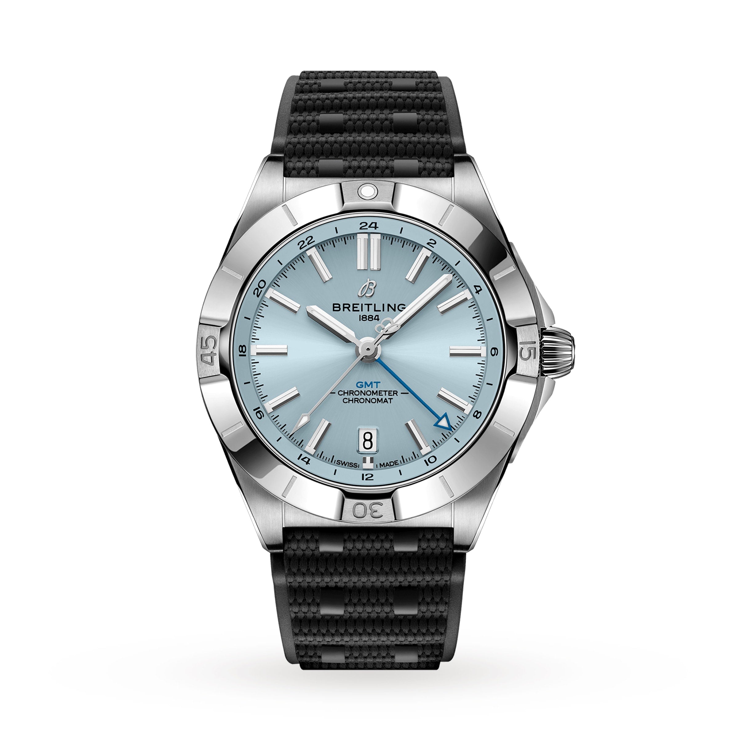 The Breitling Chronomat Automatic GMT 40 is a luxury watch with a light blue face, black strap, silver bezel, and displays the time and date.