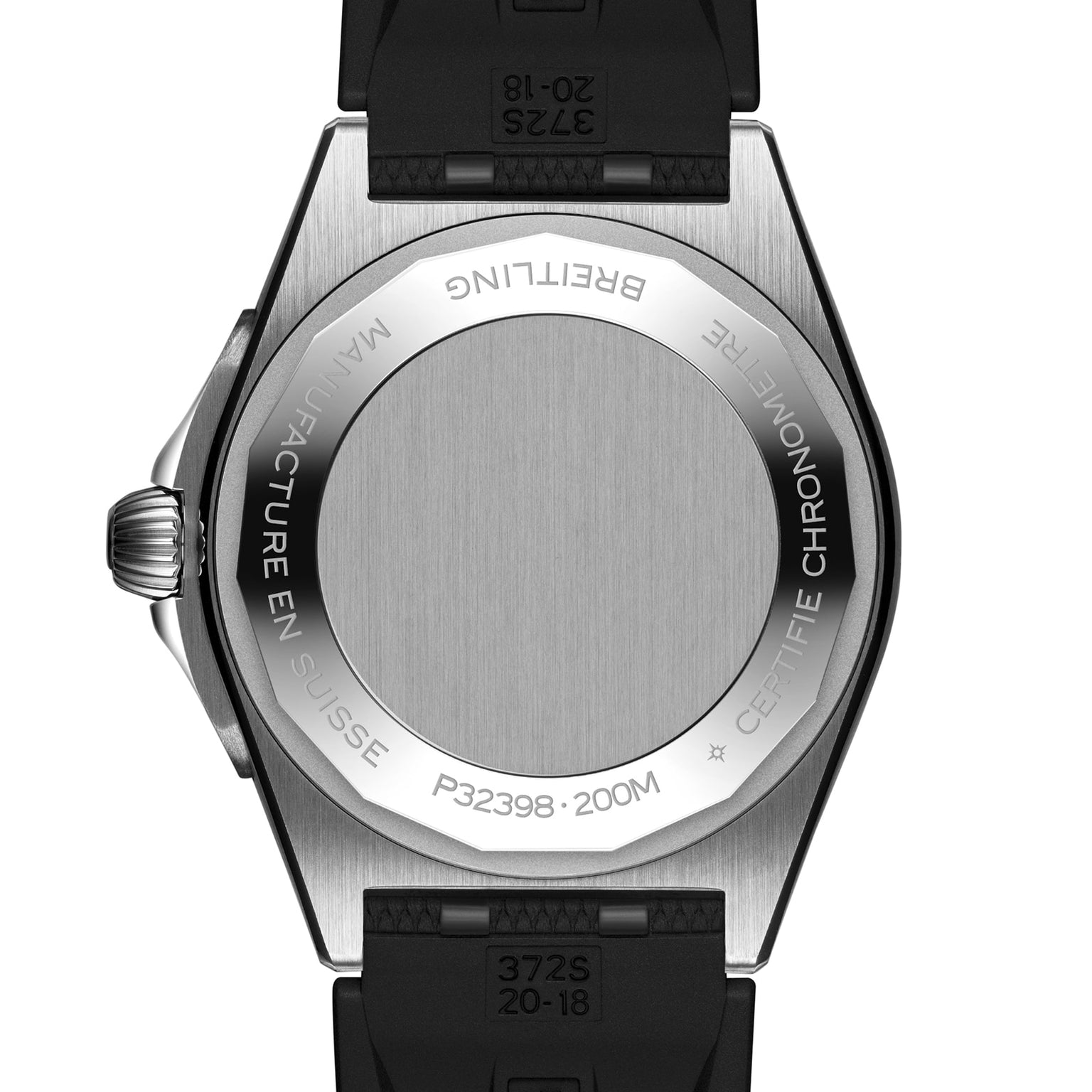 Back view of the Breitling Chronomat Automatic GMT 40, featuring engraved details on its stainless steel case and a black rubber strap.