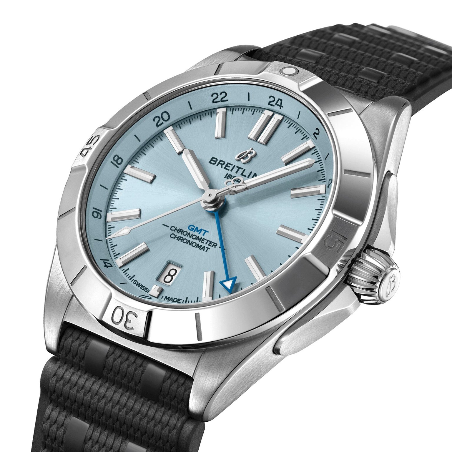 The Breitling Chronomat Automatic GMT 40 features a stainless steel case, a light blue dial, and a black textured strap.