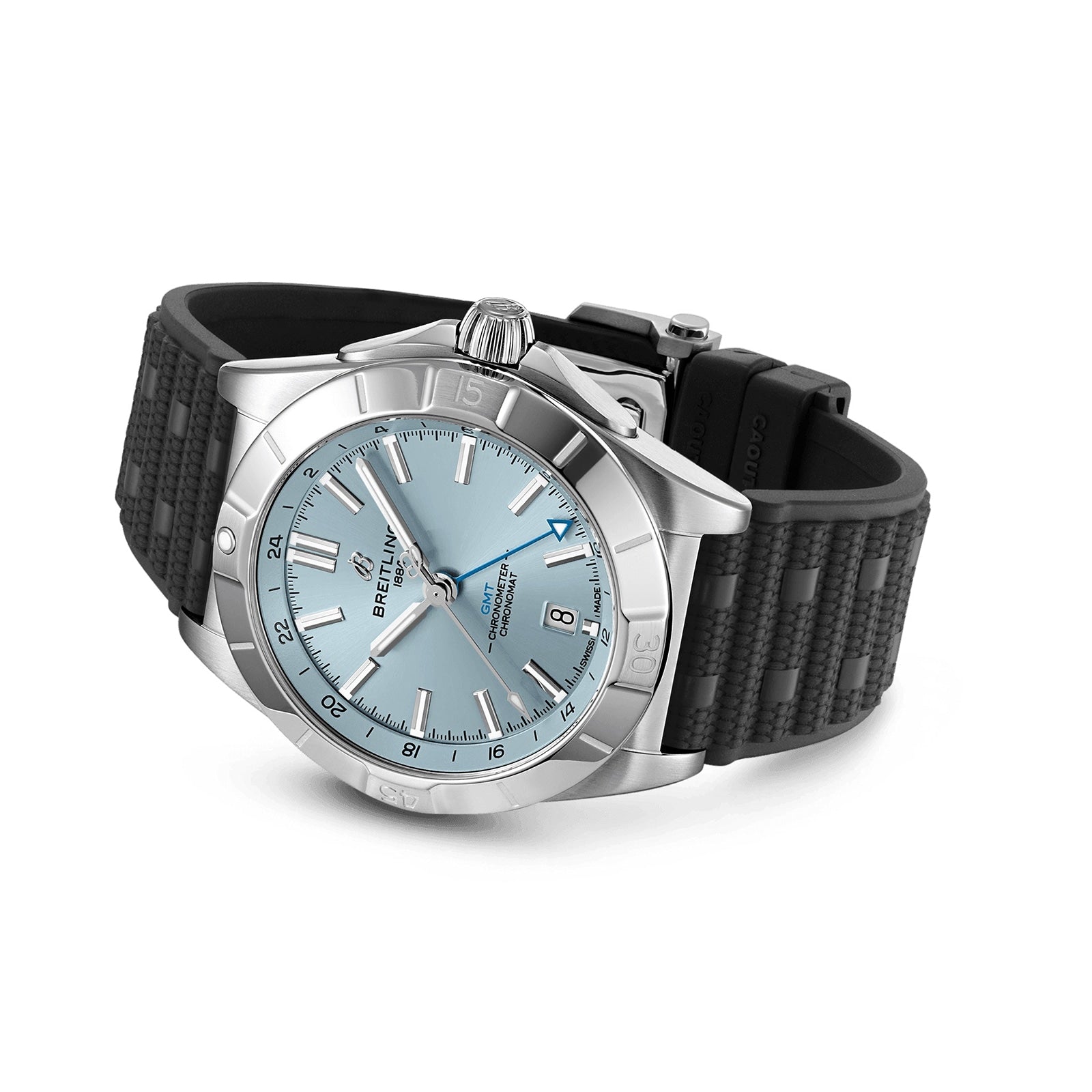 Breitling Chronomat Automatic GMT 40 with a light blue dial and black textured rubber strap, displayed at an angle.