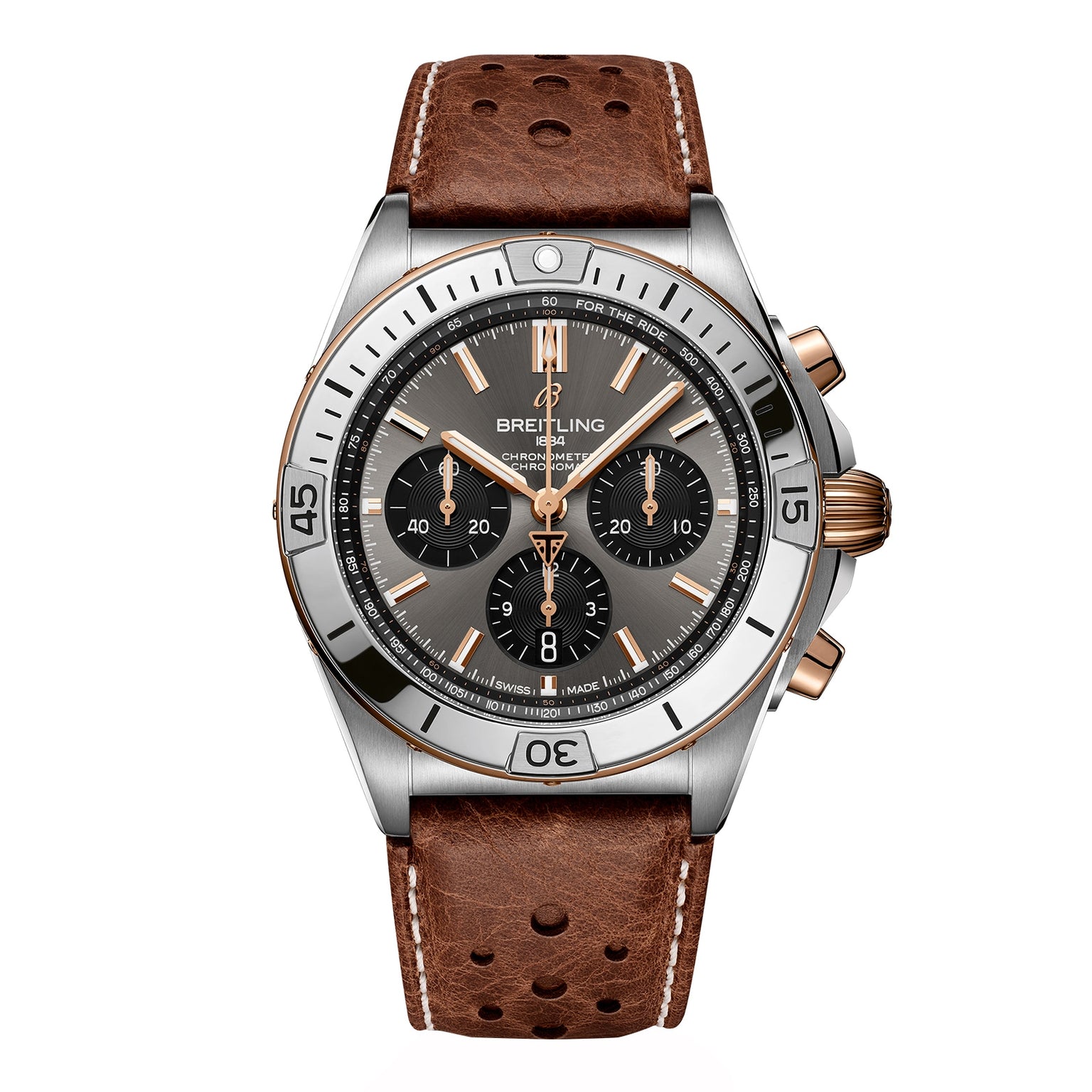 The Breitling Chronomat B01 42 Triumph is a luxury chronograph watch featuring a brown leather strap and a black dial.