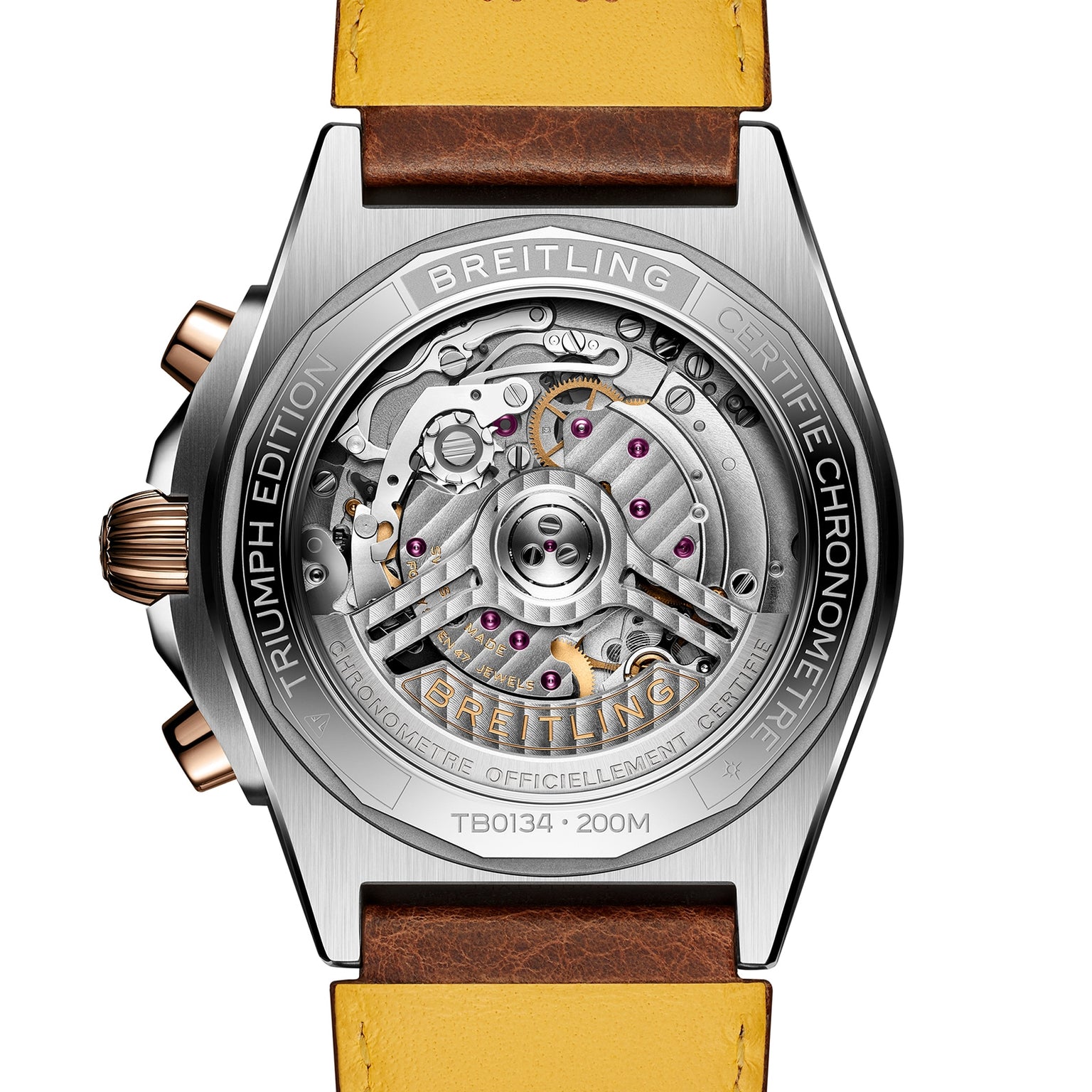 Close-up of the Breitling Chronomat B01 42 Triumph showing its watch case back with exposed mechanical movement and engraved markings.