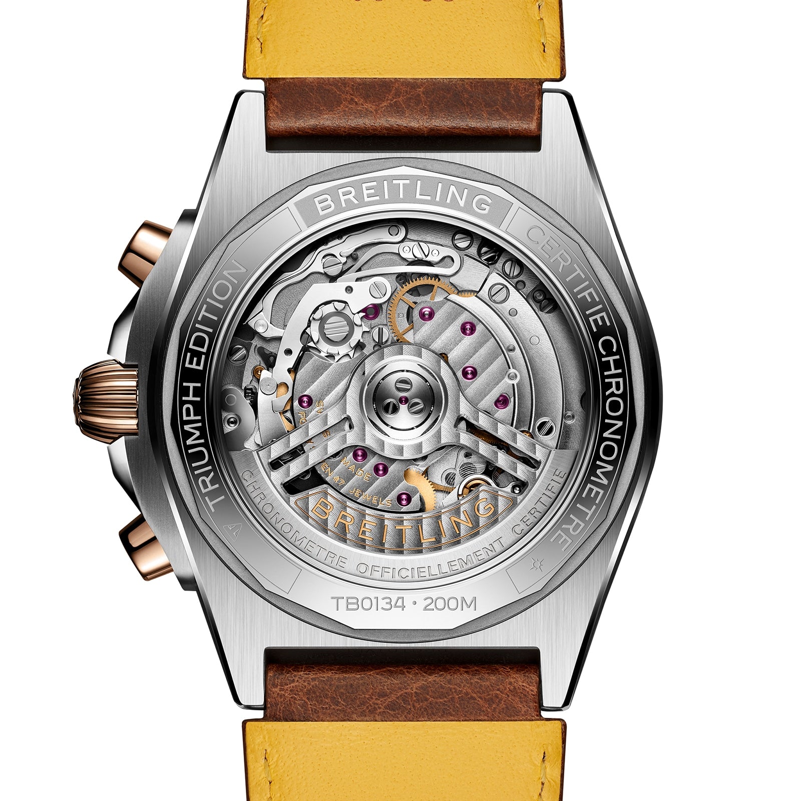 Close-up of the Breitling Chronomat B01 42 Triumph showing its watch case back with exposed mechanical movement and engraved markings.