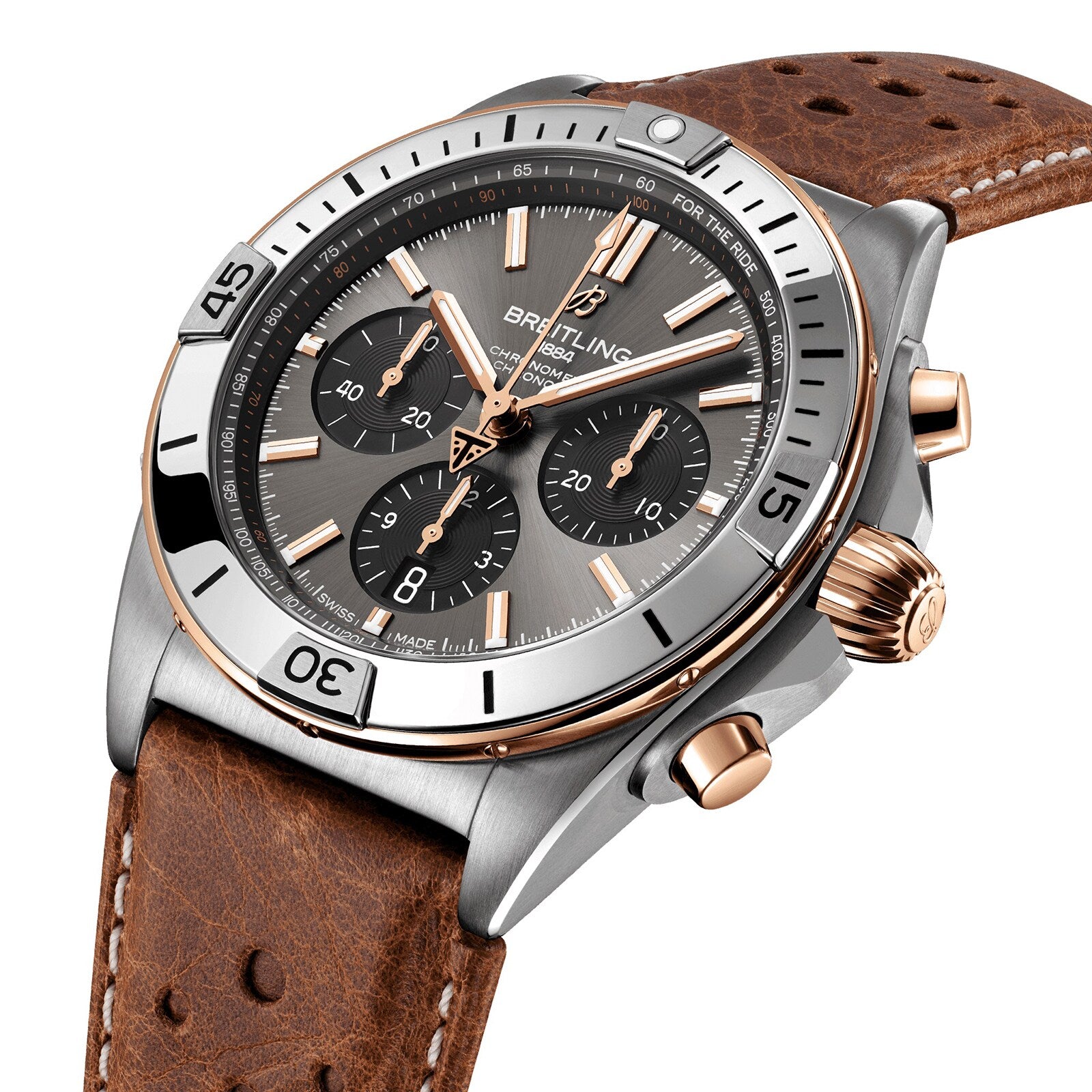 The Breitling Chronomat B01 42 Triumph is a chronograph watch with a brown leather strap and a black dial featuring gold accents.