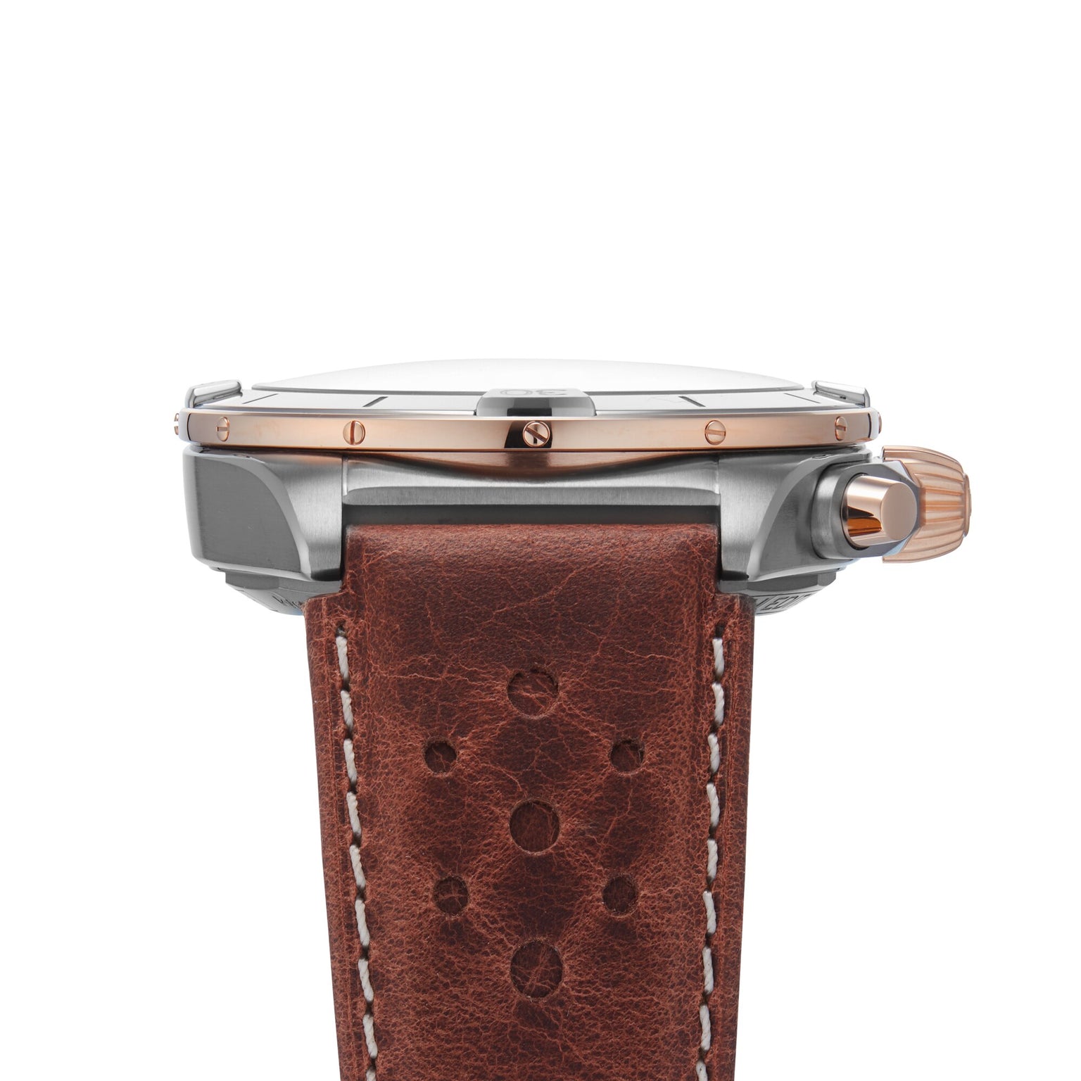 Side view of the Breitling Chronomat B01 42 Triumph wristwatch featuring a brown leather strap and rose gold accents on the bezel and crown.