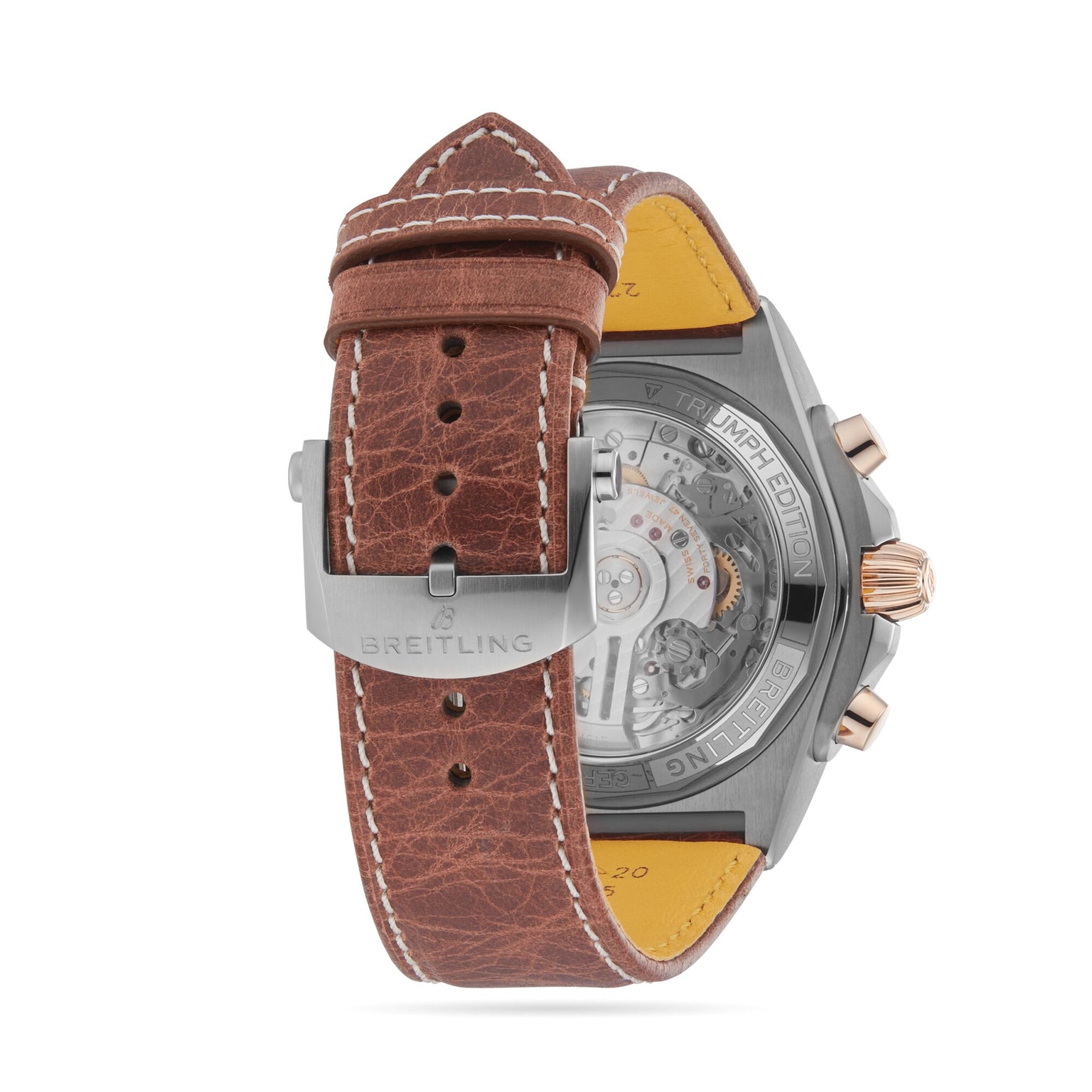 Back view of the Breitling Chronomat B01 42 Triumph, featuring a brown leather strap and a visible mechanical movement.