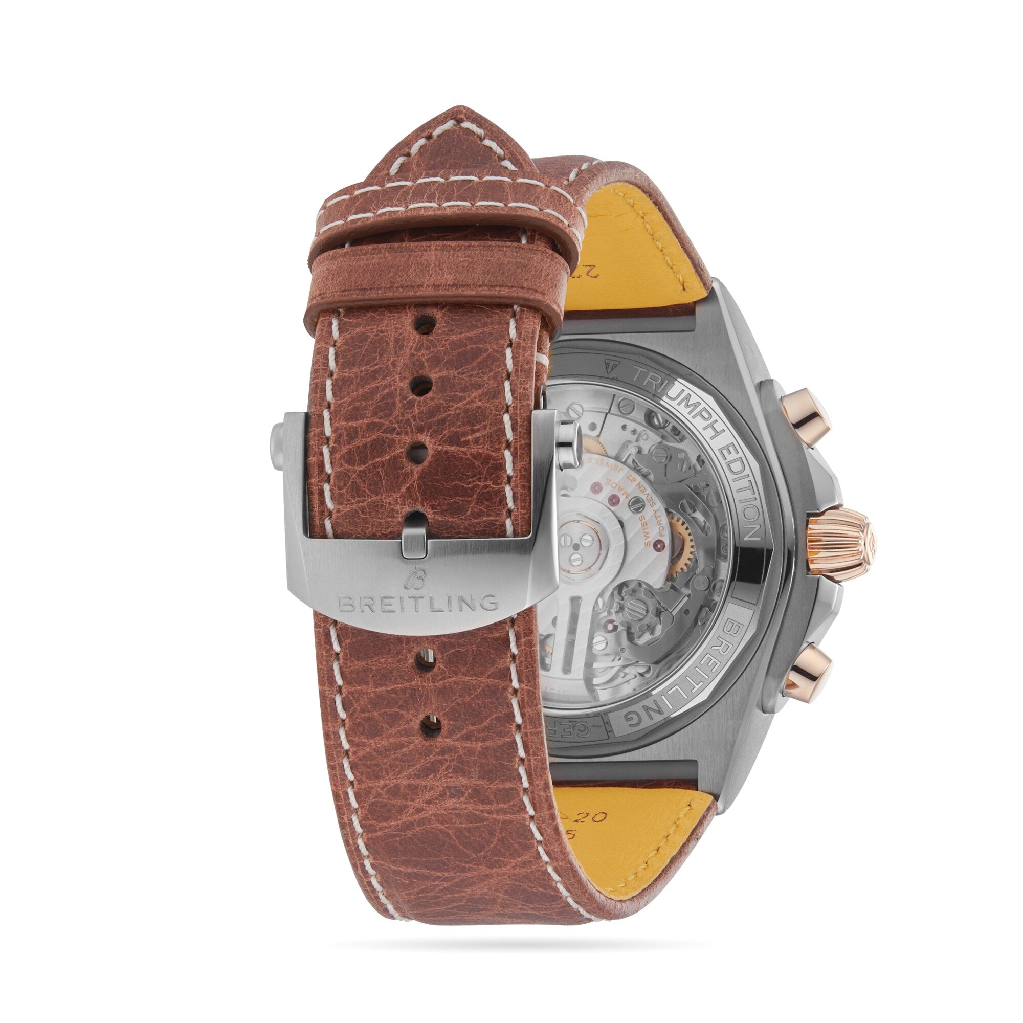 Back view of the Breitling Chronomat B01 42 Triumph, featuring a brown leather strap and a visible mechanical movement.