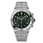 The Breitling Chronomat B01 42 is a stainless steel chronograph wristwatch with a green dial, three subdials, a tachymeter scale, the signature Rouleaux bracelet, and is powered by the Breitling 01 calibre.