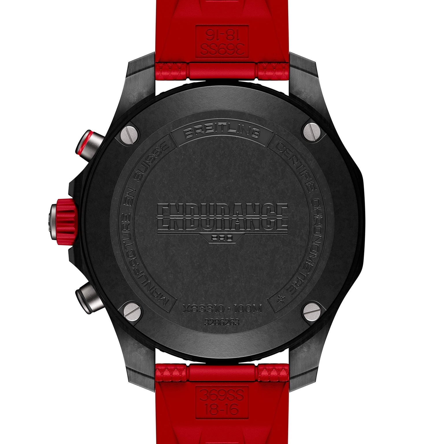 Back view of the Breitling Endurance Pro 38, a sporty athleisure watch with a red strap, engraved branding, technical details, and chronograph pushers—ideal for an active lifestyle.