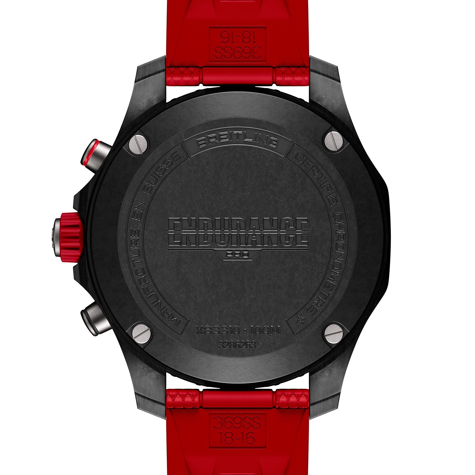 Back view of the Breitling Endurance Pro 38, a sporty athleisure watch with a red strap, engraved branding, technical details, and chronograph pushers—ideal for an active lifestyle.