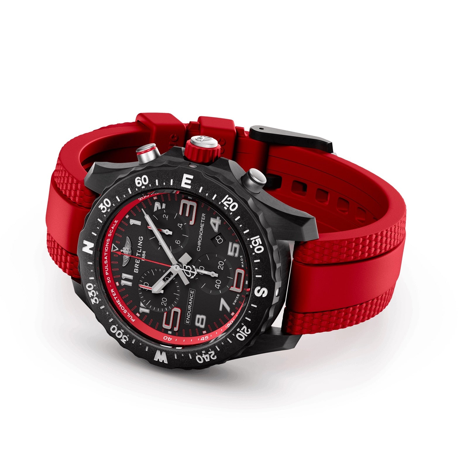 The Breitling Endurance Pro 38 features a black dial, red rubber strap, white numeral markers, chronograph functions, an ultra-light Breitlight case, and rotating bezel—displayed on a white background. Ideal for a sporty lifestyle.
