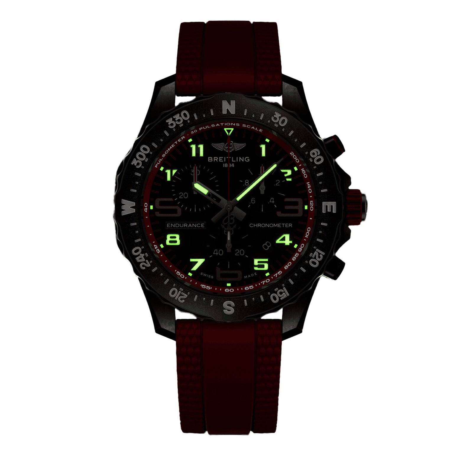 The Breitling Endurance Pro 38 features a black dial, illuminated numerals and hands, an ultra-light Breitlight case, rotating bezel, and a red textured strap—an ideal chronograph for an active lifestyle.