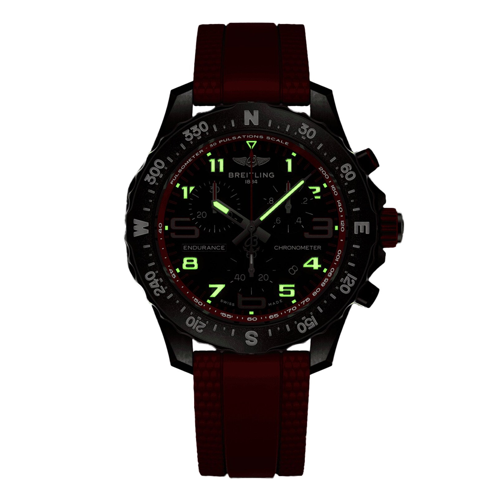 The Breitling Endurance Pro 38 features a black dial, illuminated numerals and hands, an ultra-light Breitlight case, rotating bezel, and a red textured strap—an ideal chronograph for an active lifestyle.