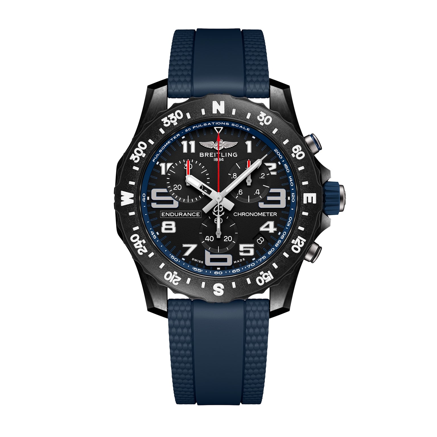 The Breitling Endurance Pro 38 is a black athleisure watch featuring a blue rubber strap, white numerals, and a compass bezel crafted from lightweight Breitlight.