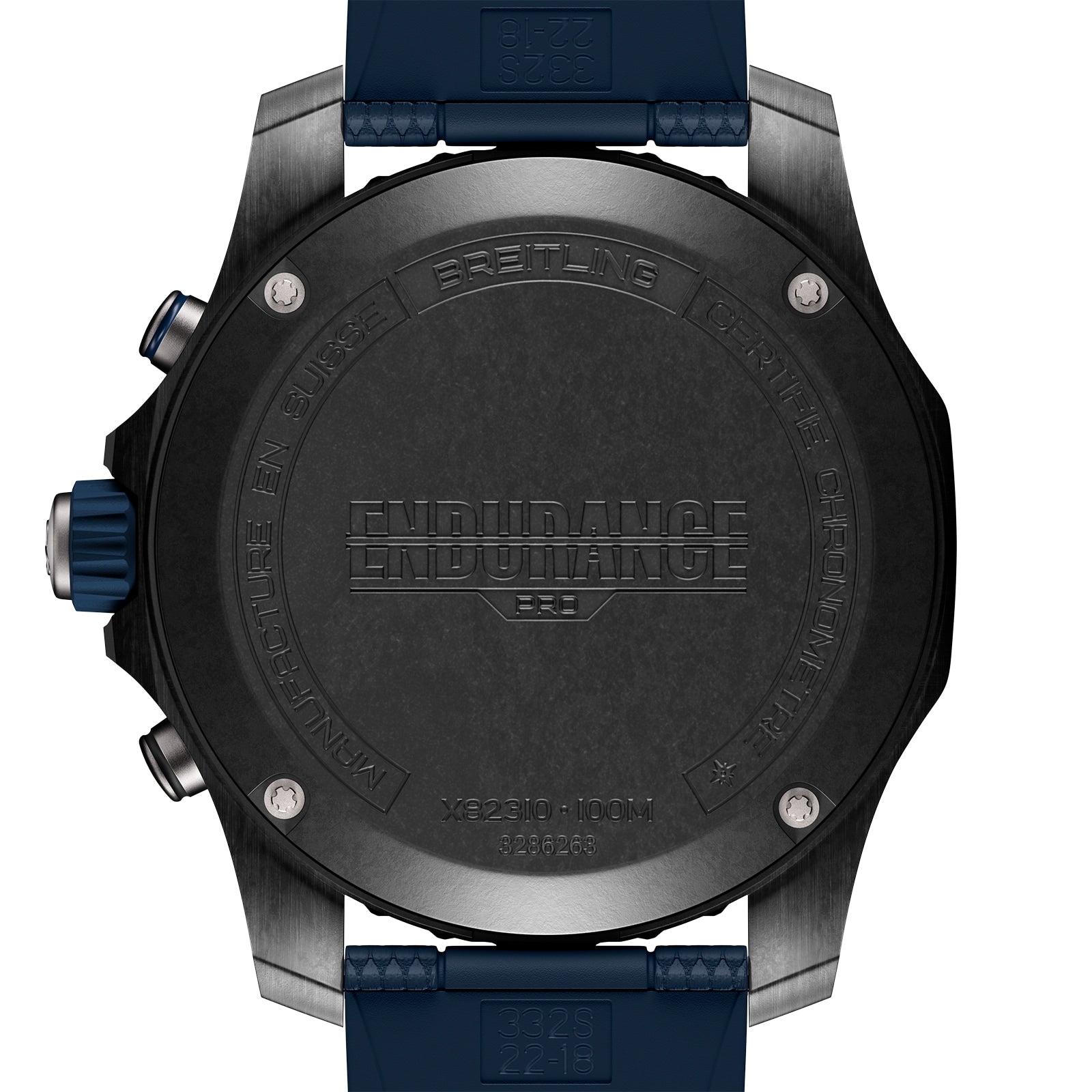 Back view of the Breitling Endurance Pro 38 athleisure watch displays engraved water resistance, model number, and ENDURANCE logo on its lightweight case, paired with a blue strap.