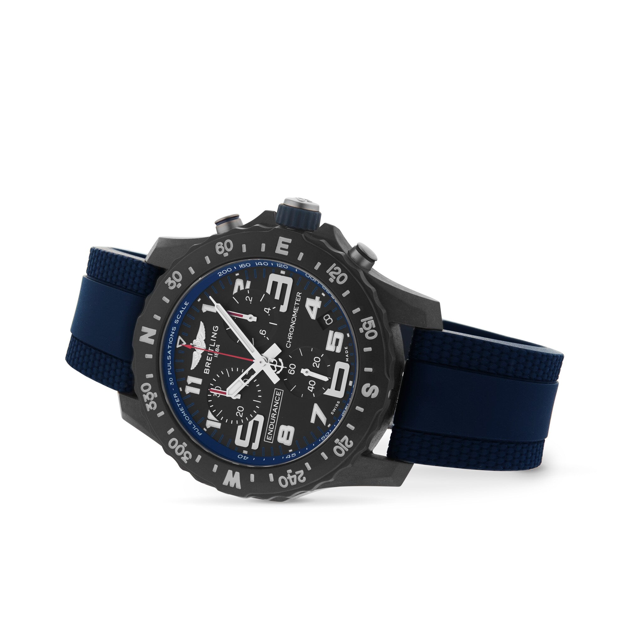 A black and blue Breitling Endurance Pro 38 watch with a chronograph dial, large numerals, and a dark blue rubber strap is photographed against a white background.