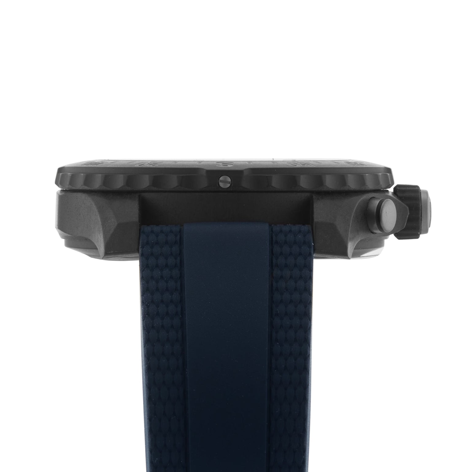 Side view of the Breitling Endurance Pro 38 athleisure watch showcasing a black Breitlight bezel, black crown, and blue textured strap against a white background.