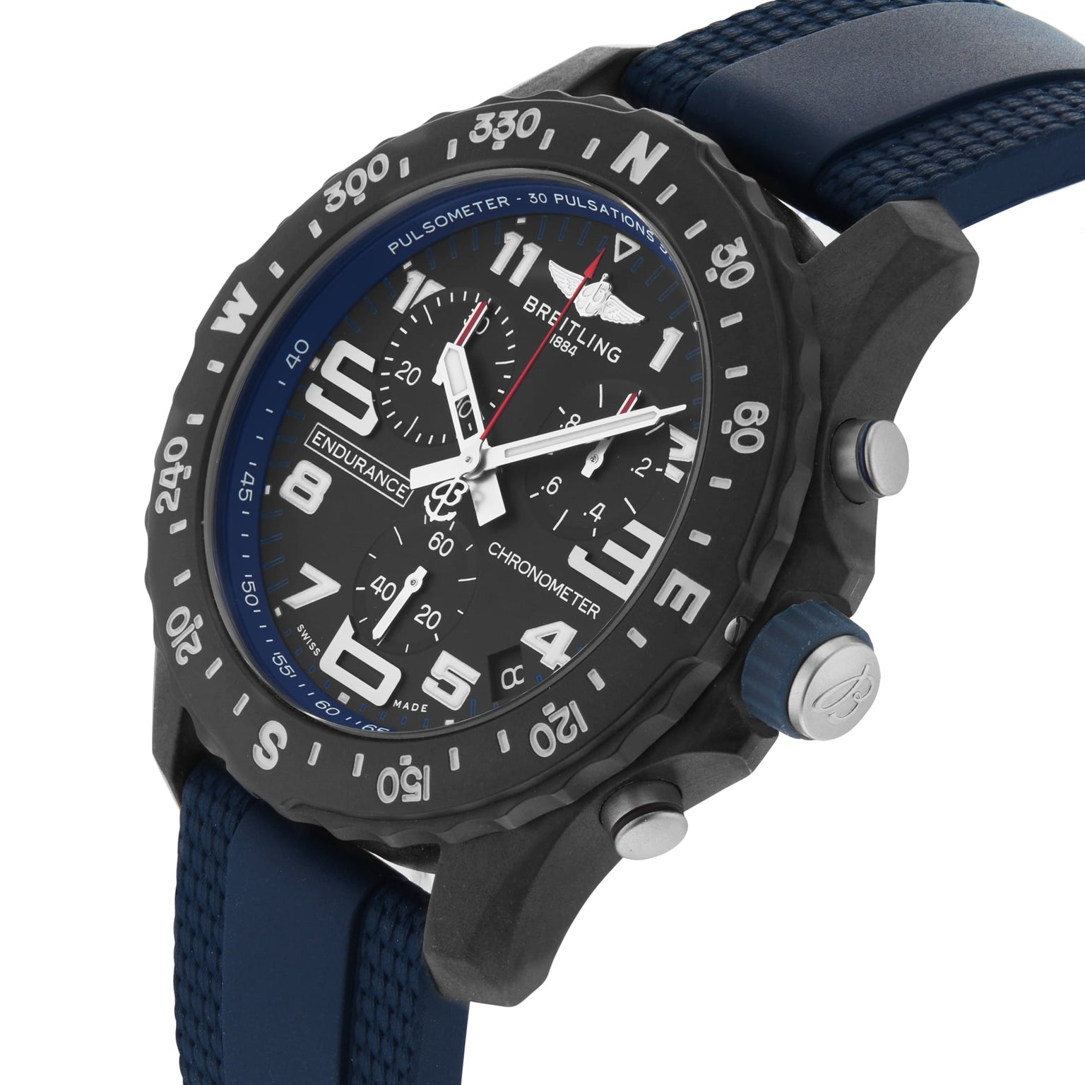 The Breitling Endurance Pro 38 is an athleisure watch with a black Breitlight bezel, blue strap, and analog display featuring white numerals and subdials.