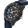 The Breitling Endurance Pro 38 is an athleisure watch with a black Breitlight bezel, blue strap, and analog display featuring white numerals and subdials.