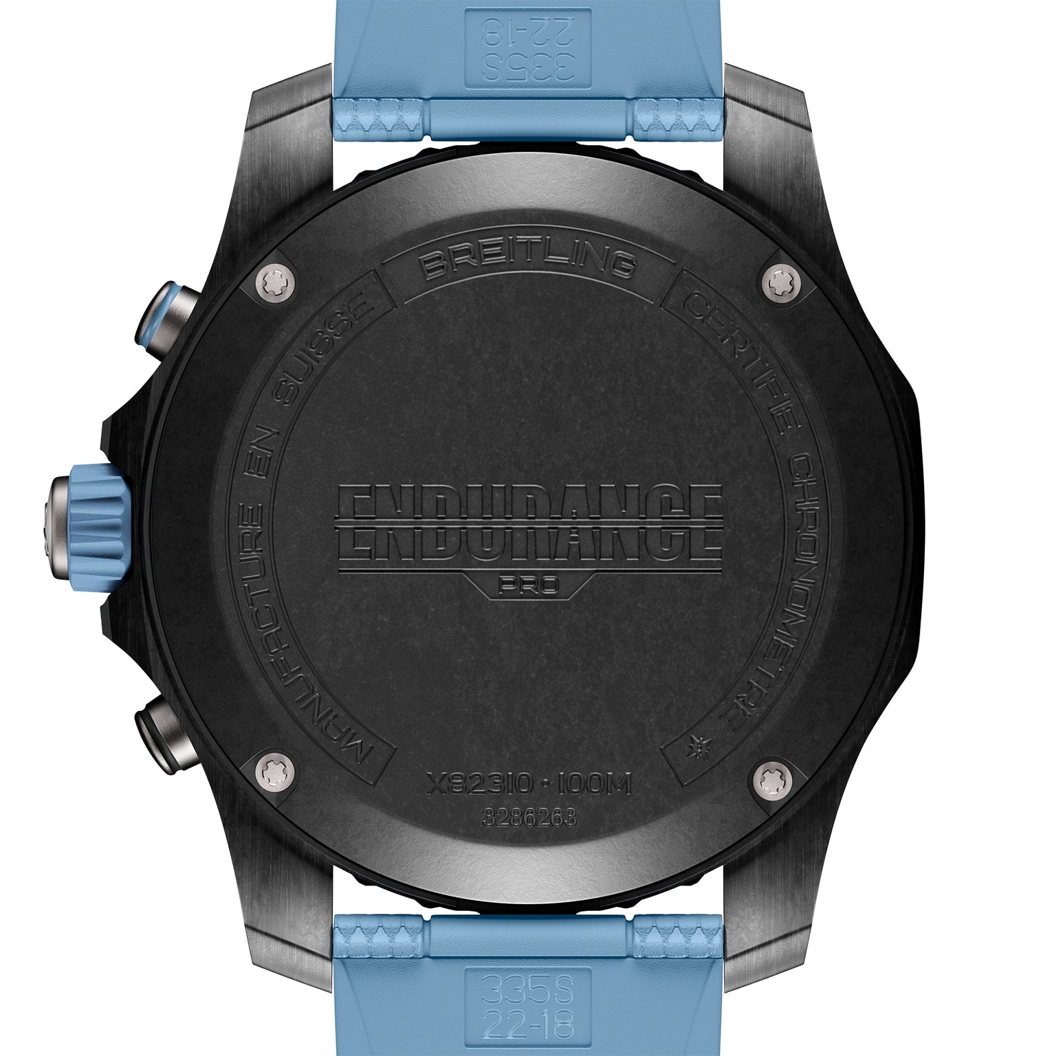 Close-up of the back of a Breitling Endurance Pro 44 watch, showing detailed engravings and markings, with a robust black case and a light blue strap.