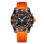 The Breitling Endurance Pro 44 is a black chronograph watch featuring an orange bezel and strap, with white numbers and dials.