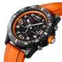 Close-up of a Breitling Endurance Pro 44 watch in black with orange strap and detailing, highlighting the watch face.