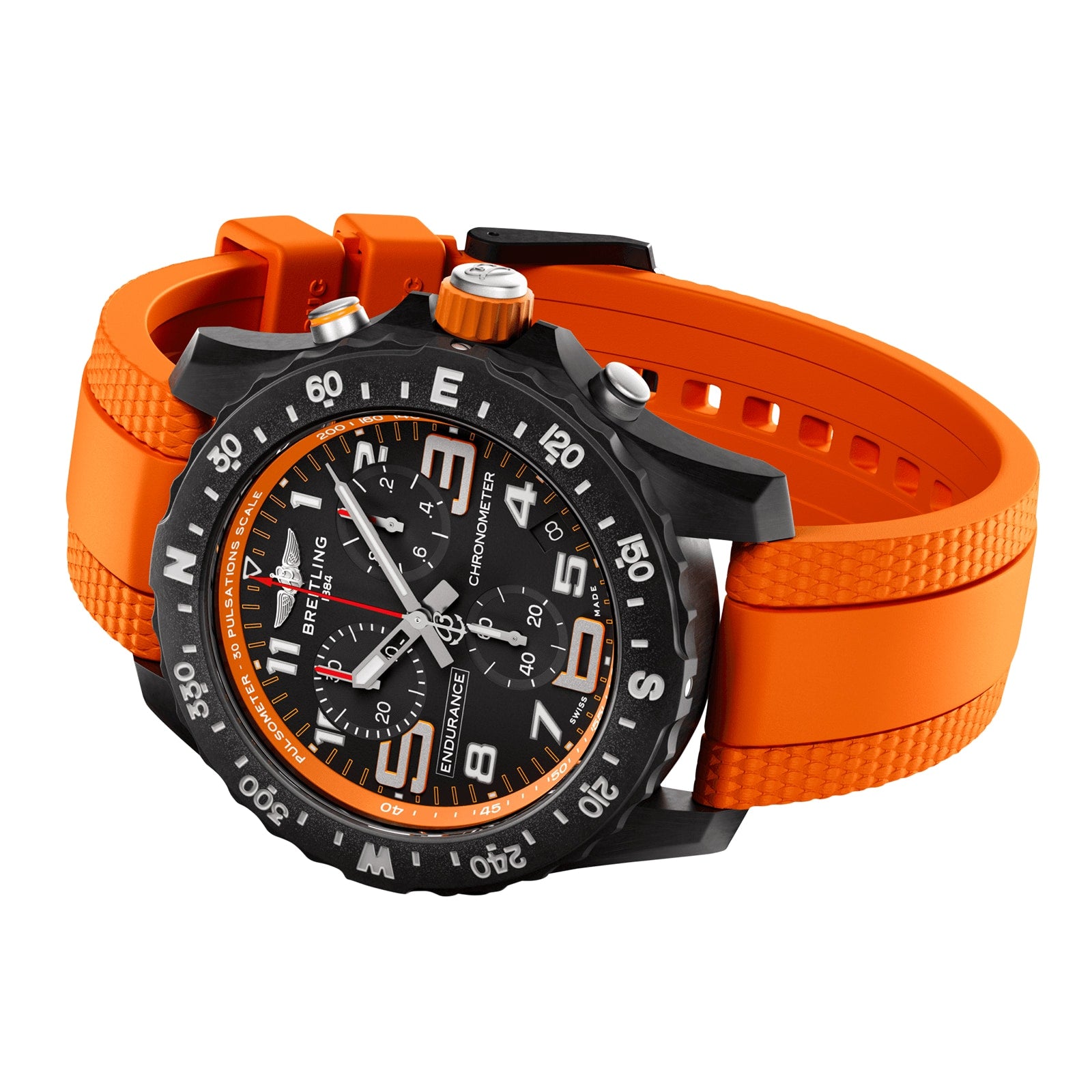 The Breitling Endurance Pro 44 is a black watch featuring a bright orange rubber strap and white accents on the dial and bezel.