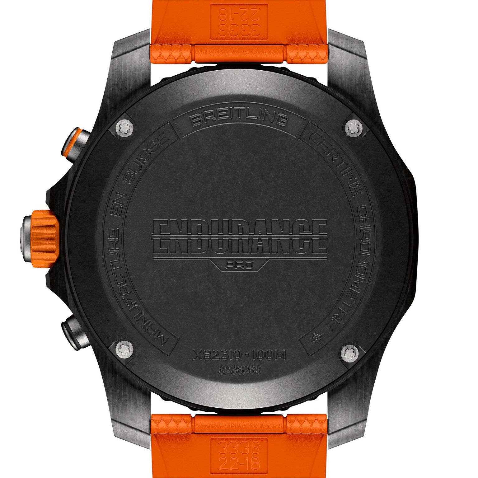 The case back of the Breitling Endurance Pro 44 features engraved text and is shown with an orange strap.