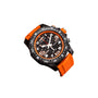 The Breitling Endurance Pro 44 is a black sports watch featuring an orange strap, white and orange accents, and multiple dials on the face.