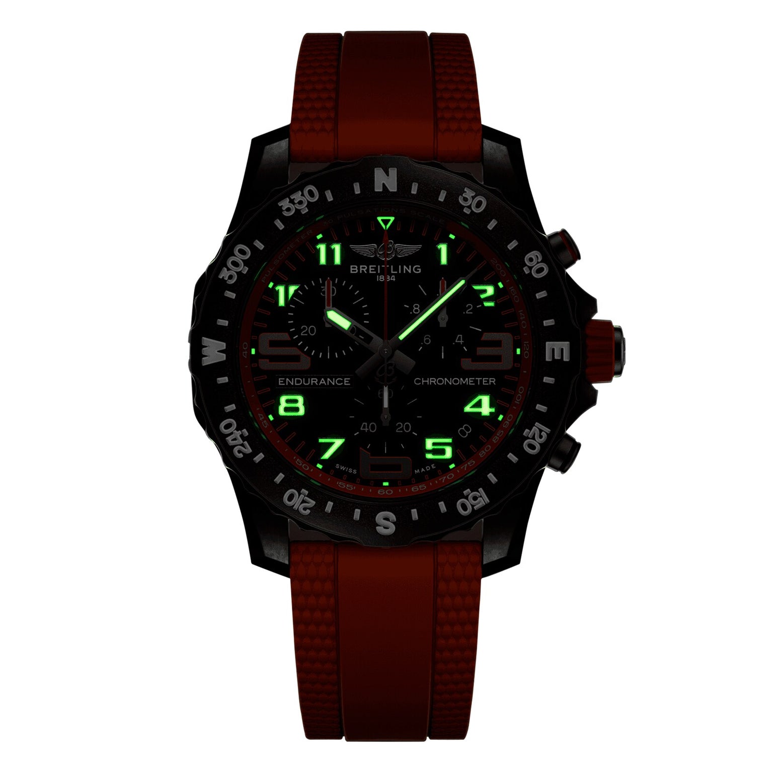 The Breitling Endurance Pro 44 is a black watch featuring a red strap with glowing green numbers and hands on its dark face.