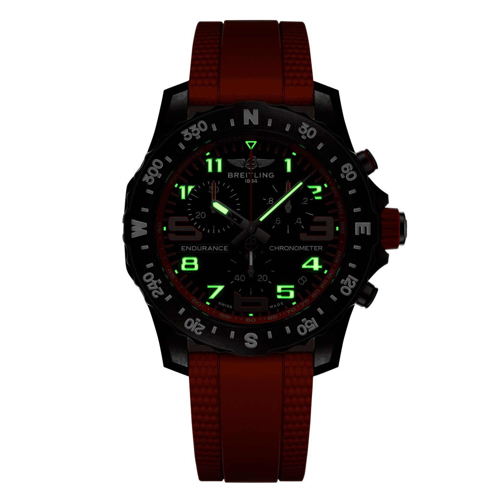 The Breitling Endurance Pro 44 is a black watch featuring a red strap with glowing green numbers and hands on its dark face.