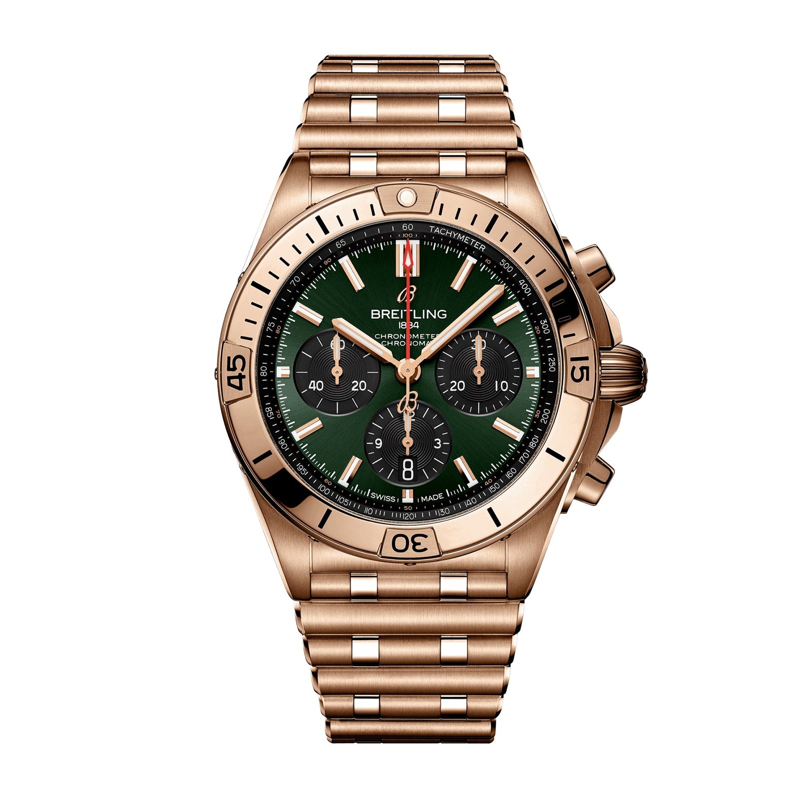 Breitling Chronomat B01 42 wristwatch in gold-tone with a green dial, three subdials, mechanical chronograph, date window at 6 o’clock, and metal link bracelet.