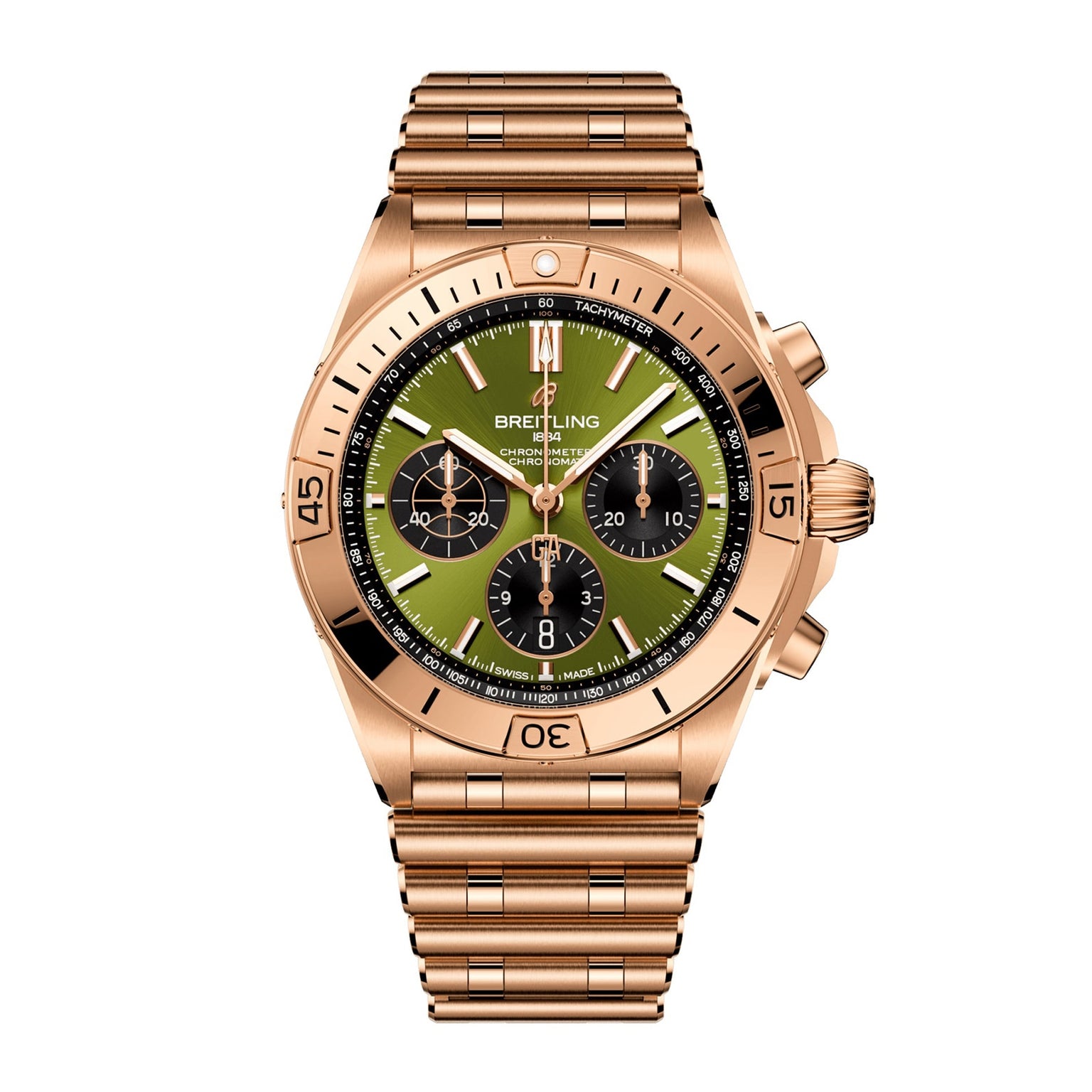 The Breitling Chronomat B01 42 Giannis Antetokounmpo is a gold chronograph wristwatch featuring an olive green dial with three subdials, black bezel accents, and a metal link bracelet.