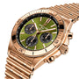 The Breitling Chronomat B01 42 Giannis Antetokounmpo is a limited edition gold chronograph wristwatch with a green dial, three subdials, date display, and link bracelet, displayed at an angle on a white background.
