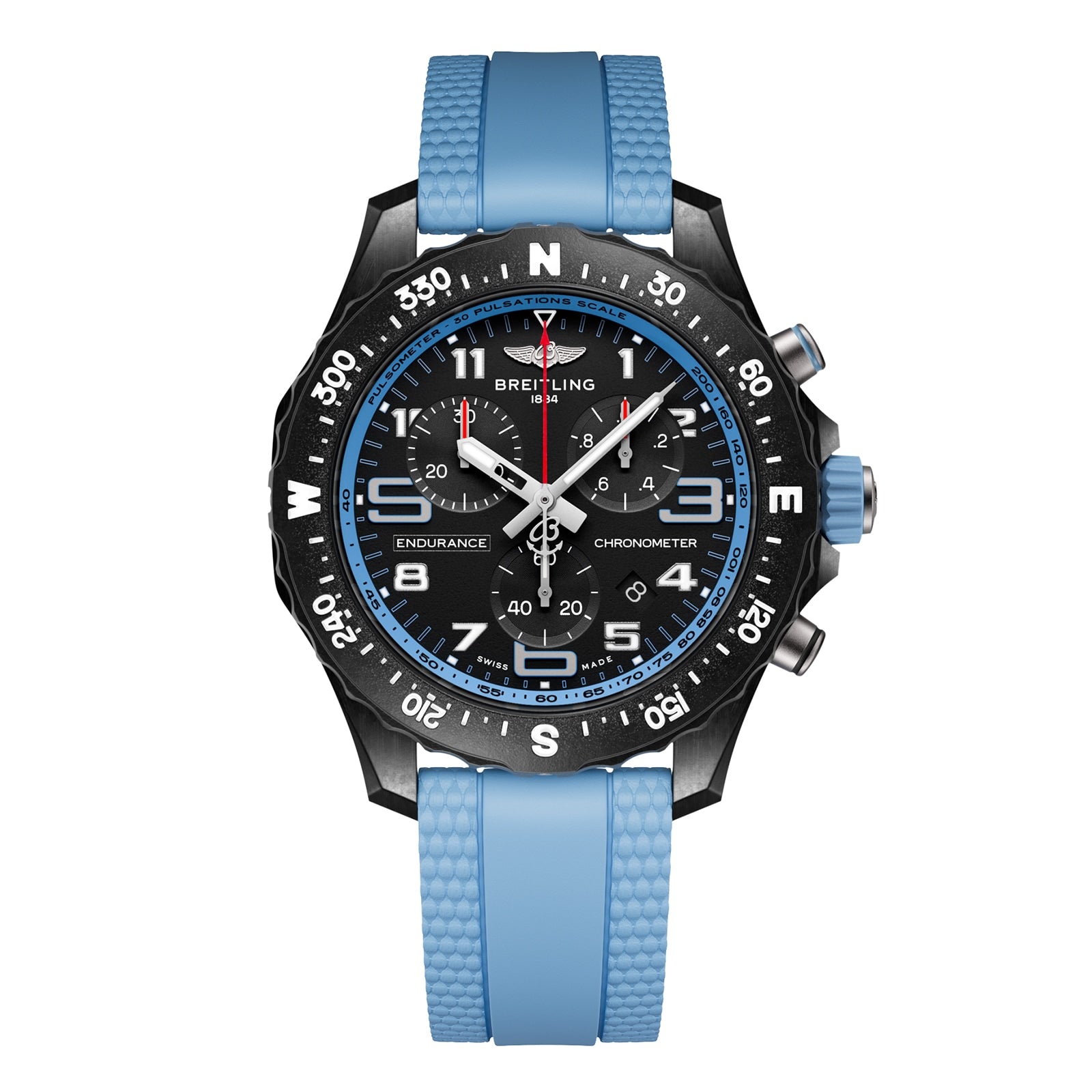 The Breitling Endurance Pro 38 is an athleisure watch with a black dial, white numerals, chronograph subdials, a textured light blue rubber strap, and an ultra-light Breitlight case.