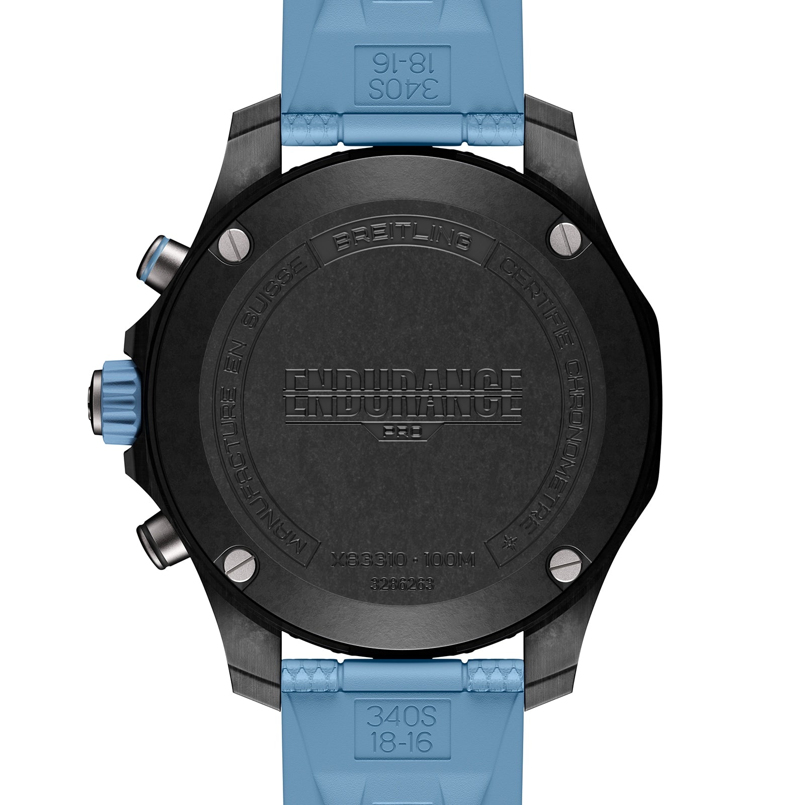 The back view of the Breitling Endurance Pro 38 highlights its ultra-light Breitlight case, blue strap, and engraved details such as Endurance Pro, Breitling, and 100M.