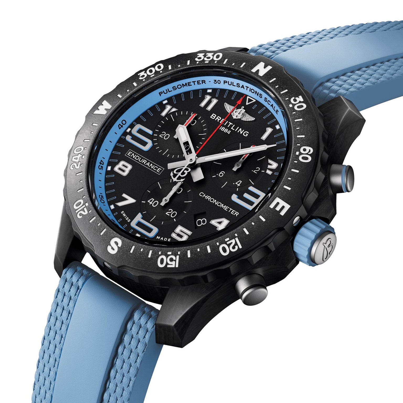 The Breitling Endurance Pro 38 is an athleisure watch with a black dial, blue bezel, light blue textured rubber strap, multiple subdials, white markings, and an ultra-lightweight Breitlight case.