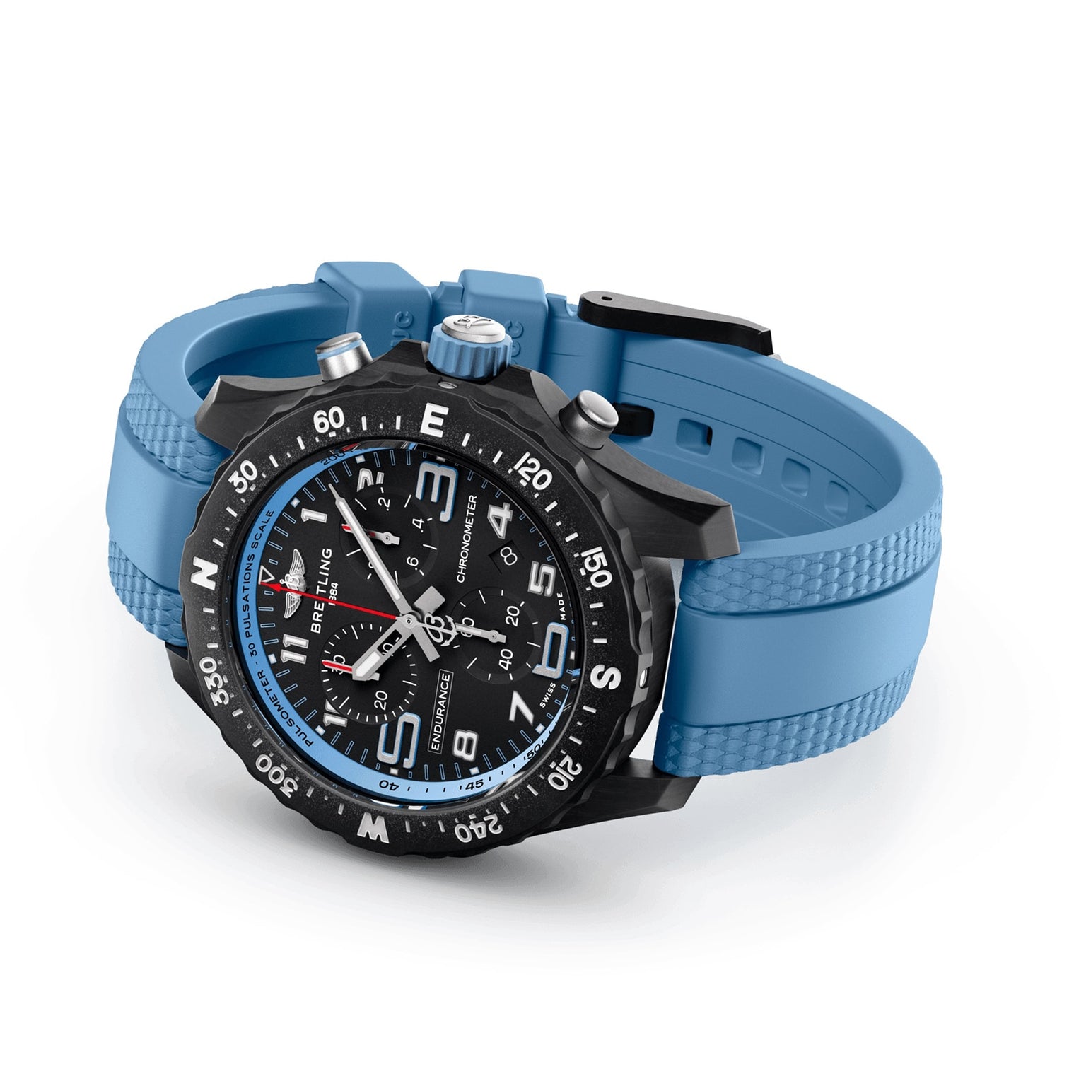 A Breitling Endurance Pro 38 athleisure watch in black and blue, featuring a blue rubber strap, black bezel, multiple dials, and an ultra-light Breitlight case, shown angled on a white background.