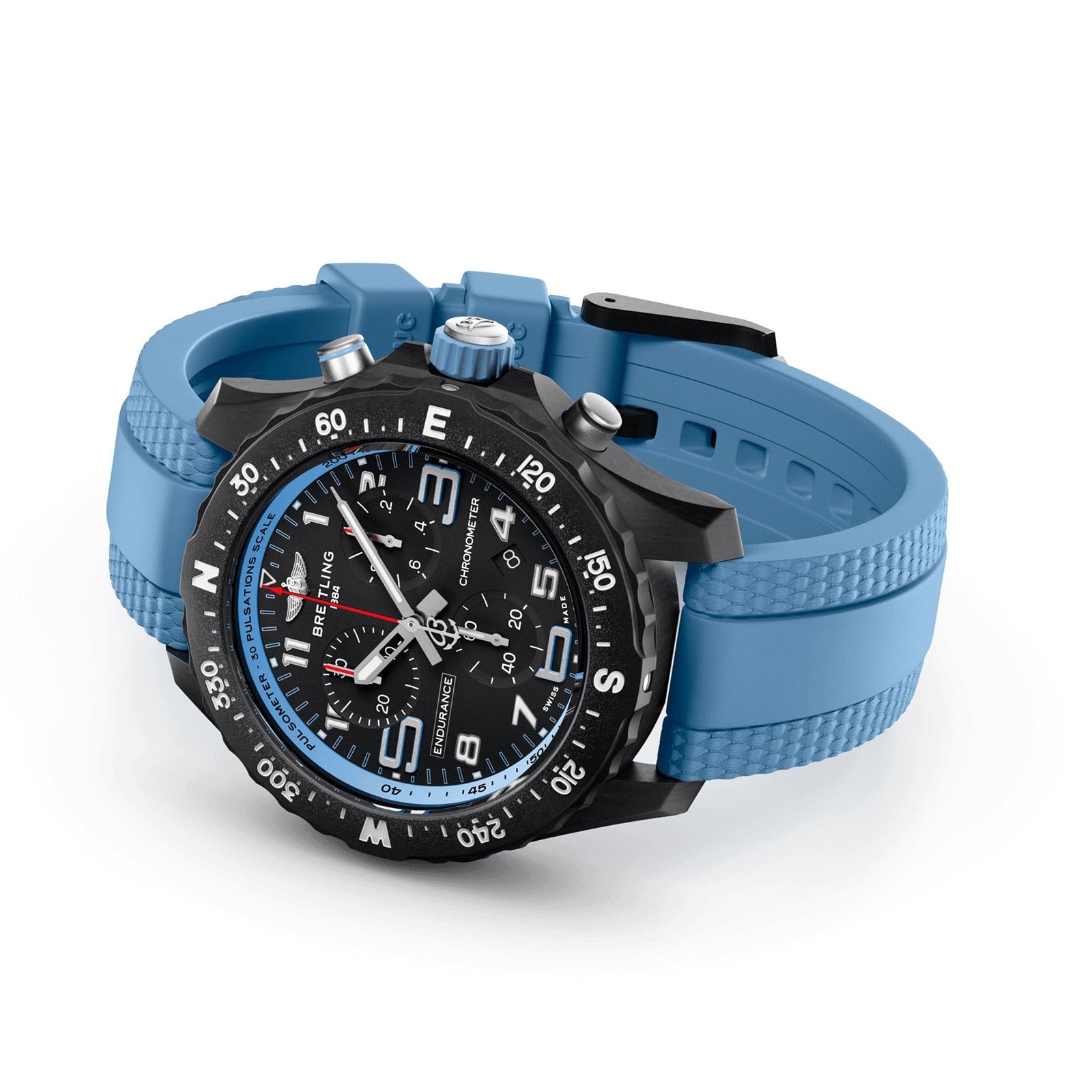 A Breitling Endurance Pro 38 athleisure watch in black and blue, featuring a blue rubber strap, black bezel, multiple dials, and an ultra-light Breitlight case, shown angled on a white background.