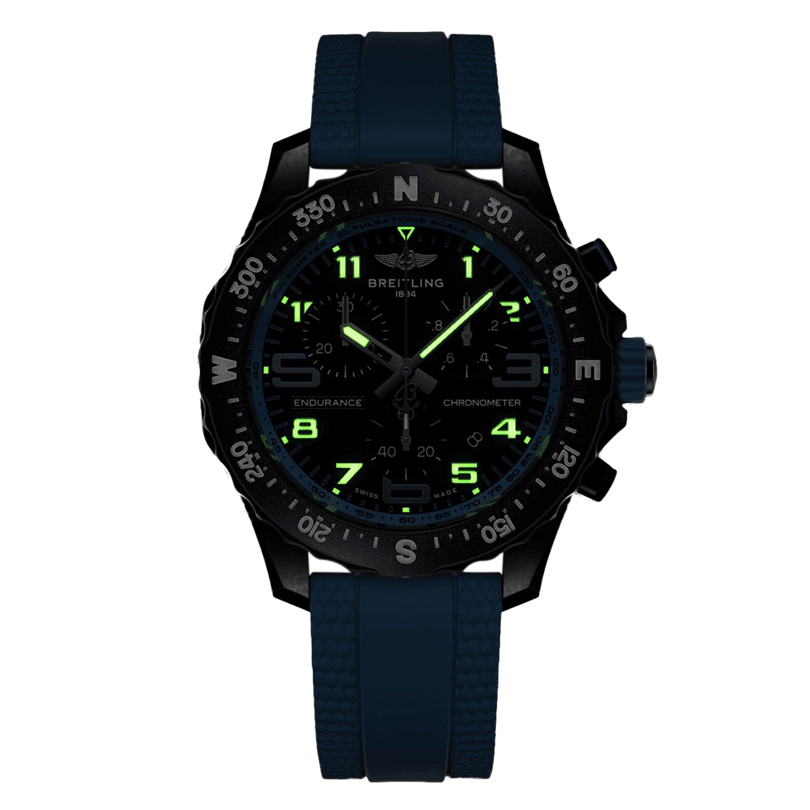 The Breitling Endurance Pro 38 is a black athleisure watch featuring an ultra-light Breitlight case, blue rubber strap, luminous green markers, black bezel with compass markings.