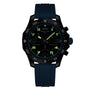 The Breitling Endurance Pro 38 is a black athleisure watch featuring an ultra-light Breitlight case, blue rubber strap, luminous green markers, black bezel with compass markings.