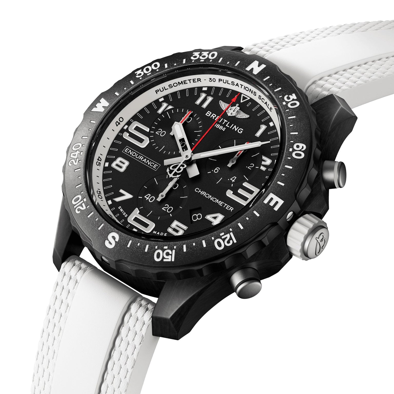 The Breitling Endurance Pro 38 is a black and silver sports chronograph with a white textured strap, three subdials, bold white numerals, and a durable Breitlight case—ideal as an athleisure watch for any occasion.