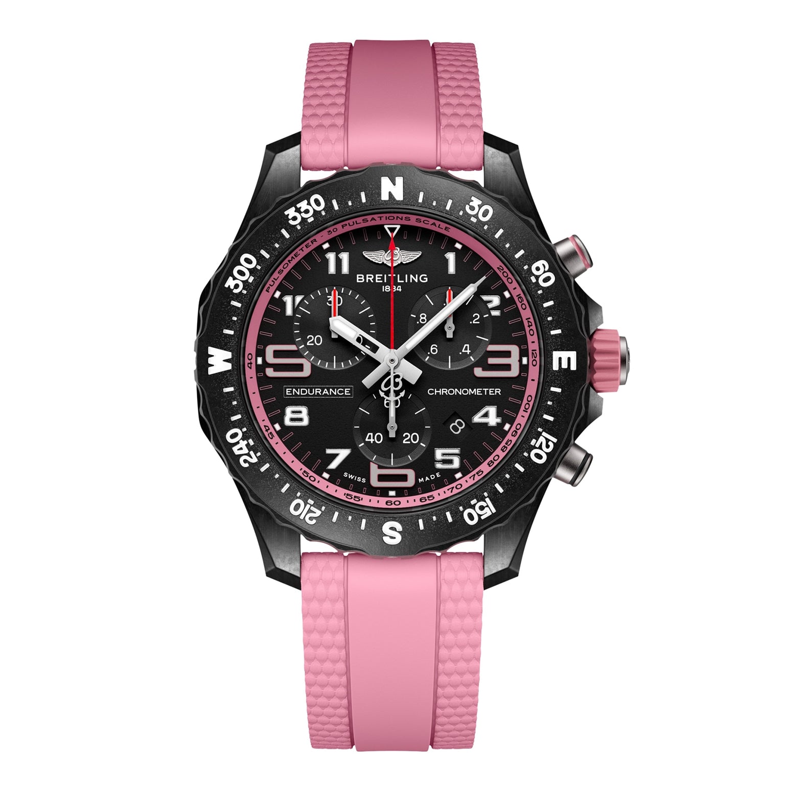 The Breitling Endurance Pro 38 is a black athleisure watch with a pink strap and bezel accents, featuring a Breitlight case, cardinal directions on the bezel, and multiple sub-dials on the face.