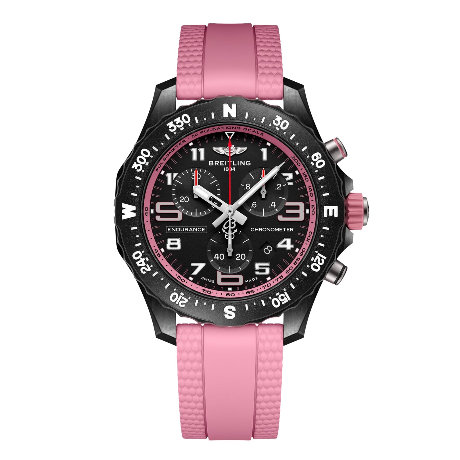 The Breitling Endurance Pro 38 is a black athleisure watch with a pink strap and bezel accents, featuring a Breitlight case, cardinal directions on the bezel, and multiple sub-dials on the face.