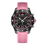 The Breitling Endurance Pro 38 is a black athleisure watch with a pink strap and bezel accents, featuring a Breitlight case, cardinal directions on the bezel, and multiple sub-dials on the face.