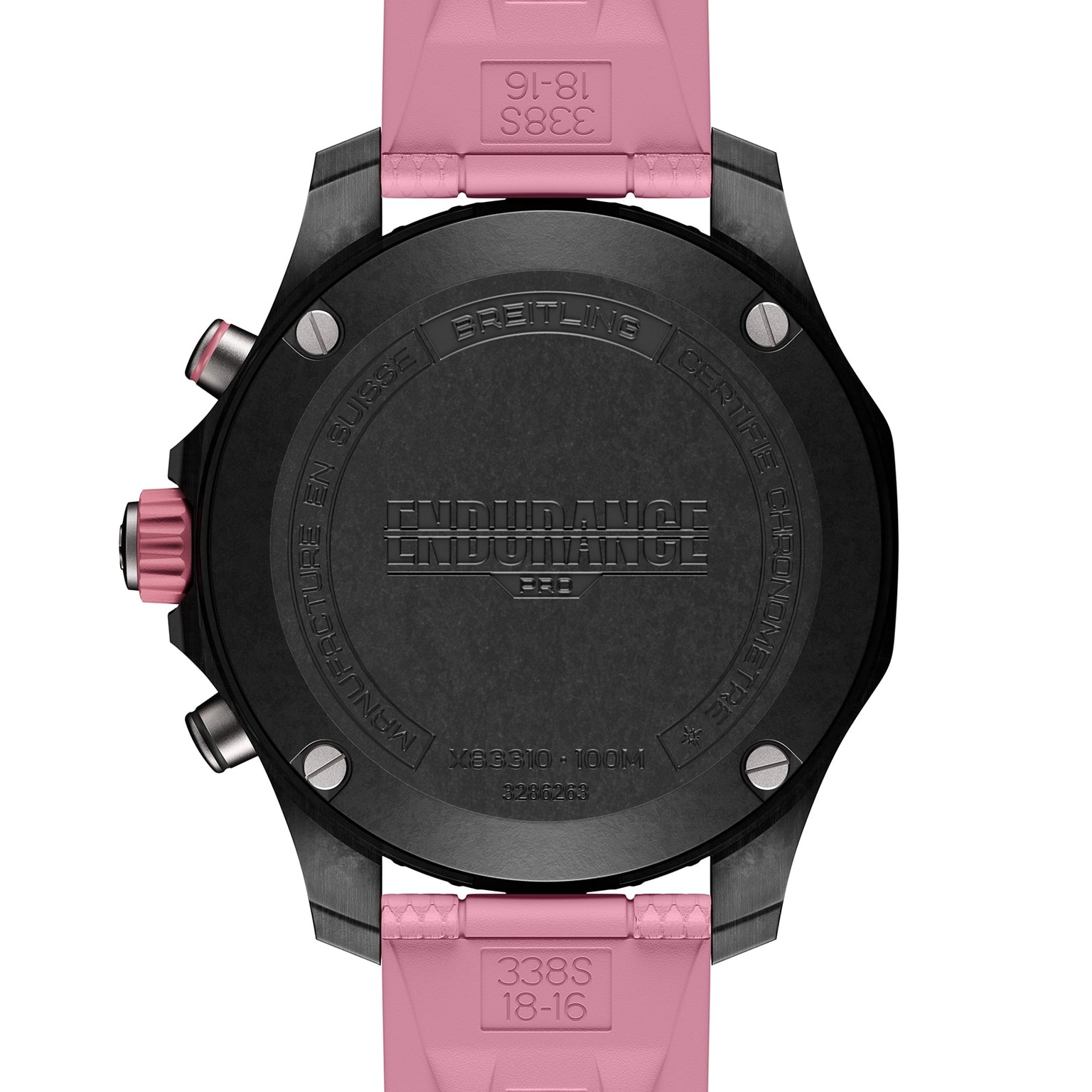 Close-up of the back of a black Breitling Endurance Pro 38 watch with a pink strap.