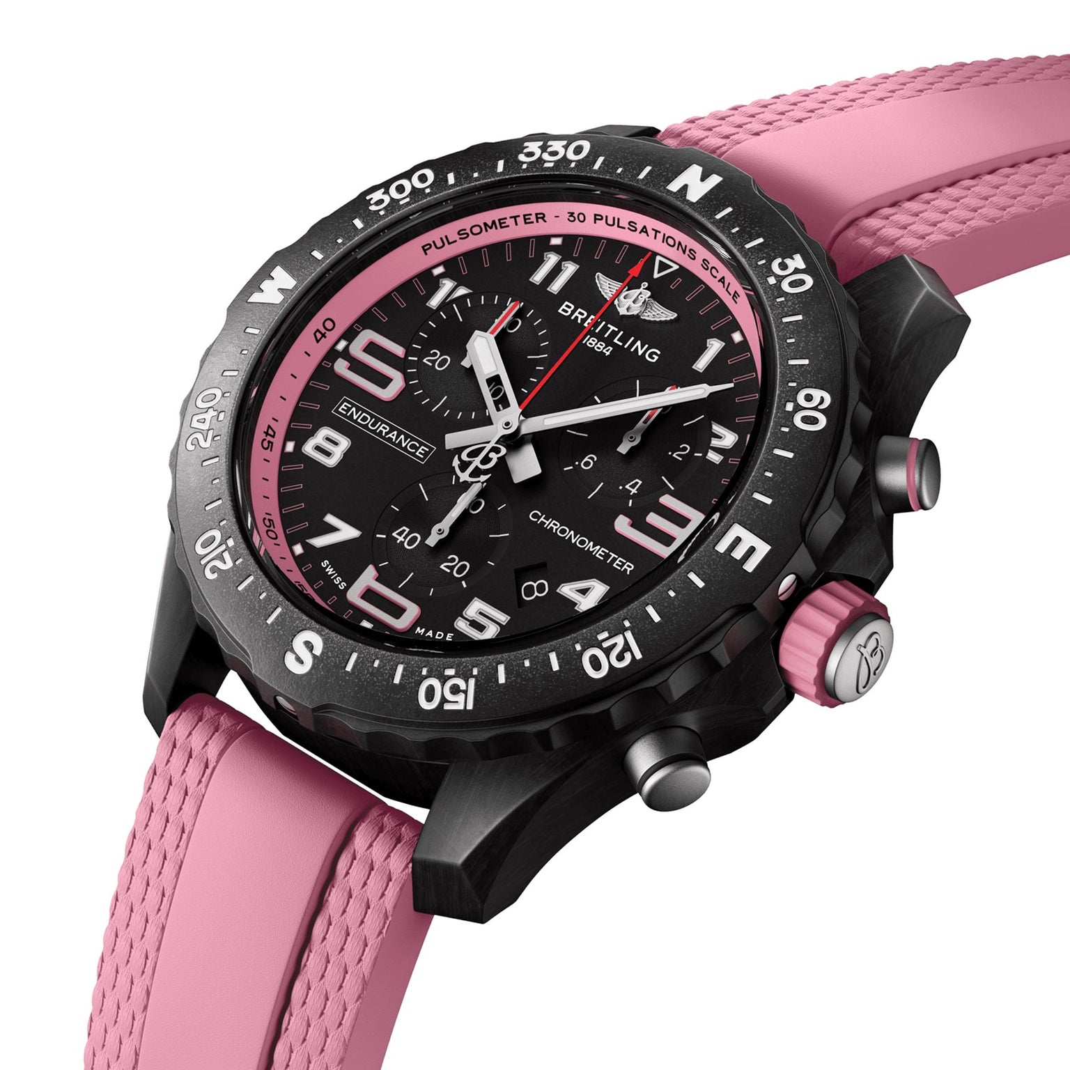 The Breitling Endurance Pro 38 is an athleisure watch in black and pink, featuring a textured pink rubber strap, durable Breitlight case, and a sleek black bezel.