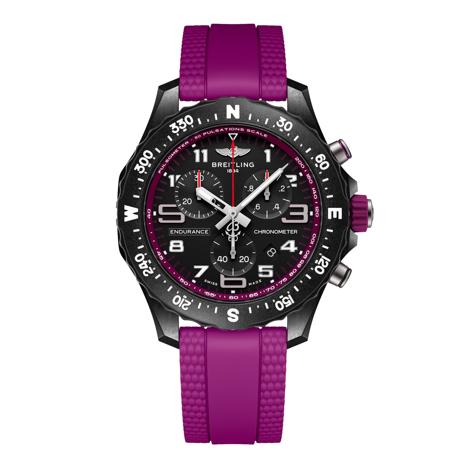 Breitling Endurance Pro 38 sports chronograph with a black dial, white numerals, bright purple rubber strap, and durable Breitlight case paired with a black bezel featuring bold white markings.