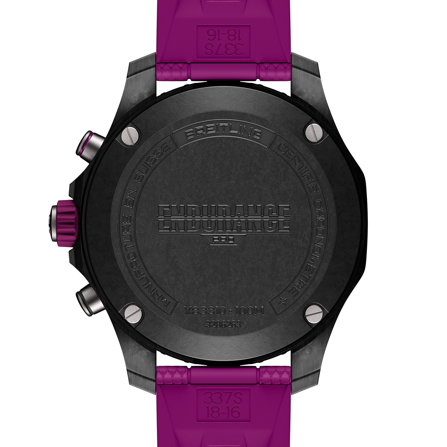 Back view of the Breitling Endurance Pro 38 athleisure watch featuring a lightweight case, engraved markings, and a purple rubber strap.